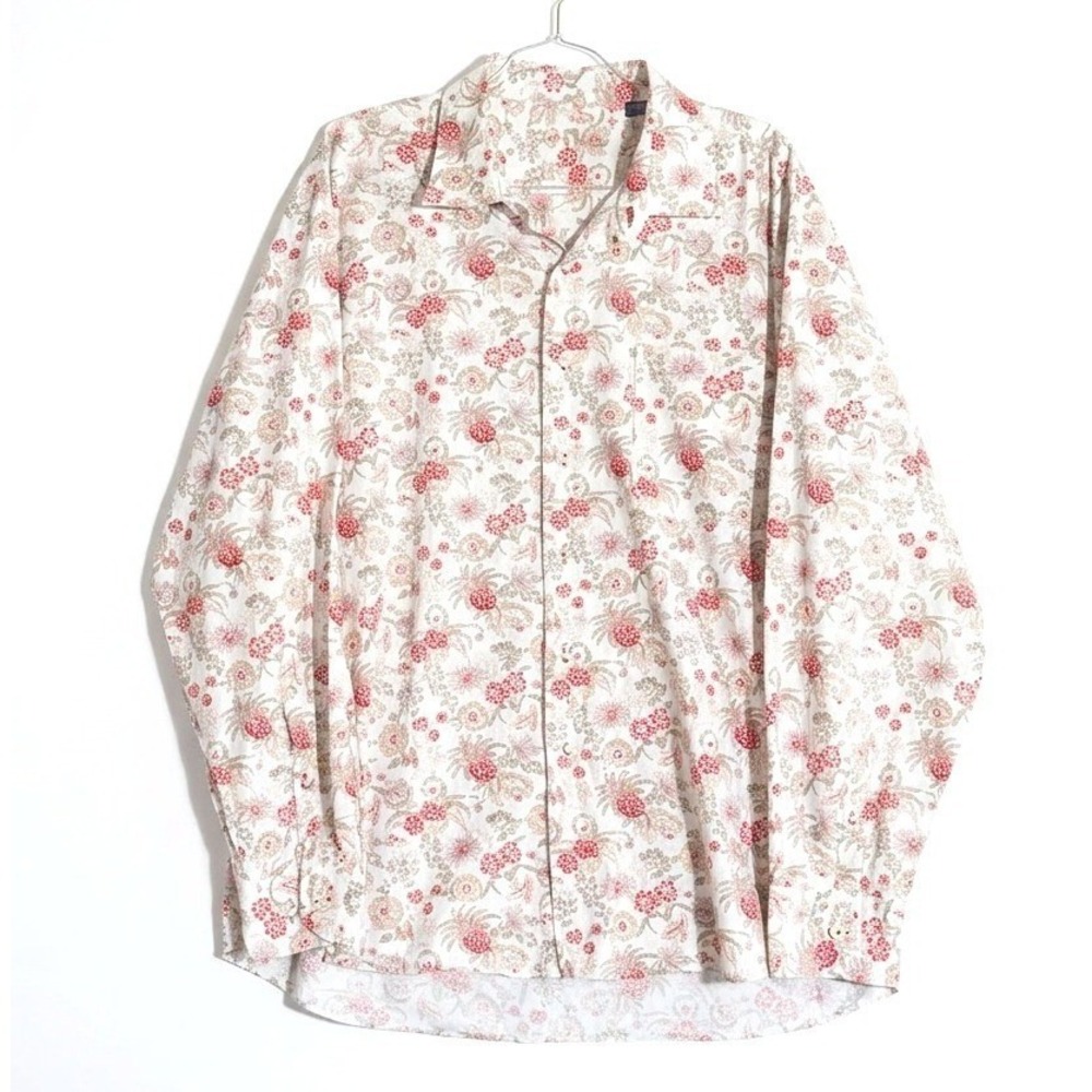 Alan Flusser Mens XXL White Floral Pineapple Tropical Cotton Button Up Shirt